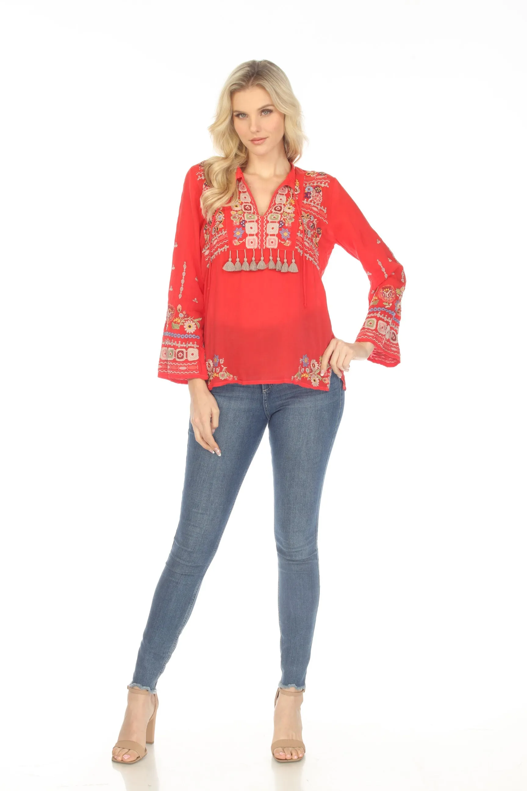 Johnny Was Red Coriander Tasseled Embroidered Blouse Boho Chic C17123