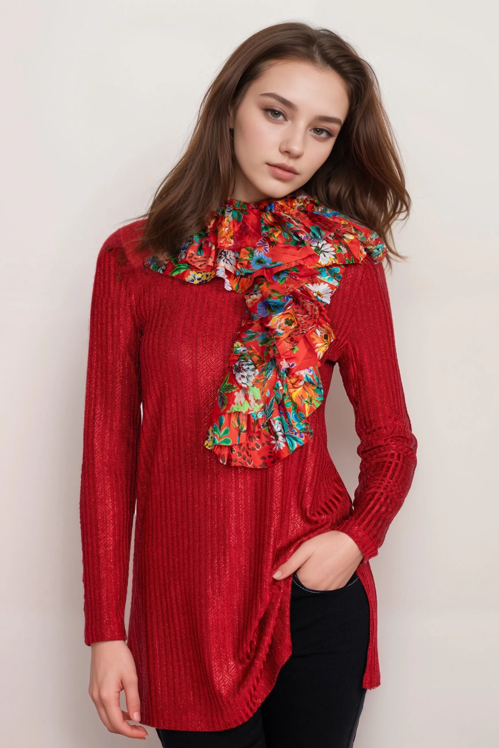 Johnny Was Red Marie Ruffle Silk Scarf C91724BO