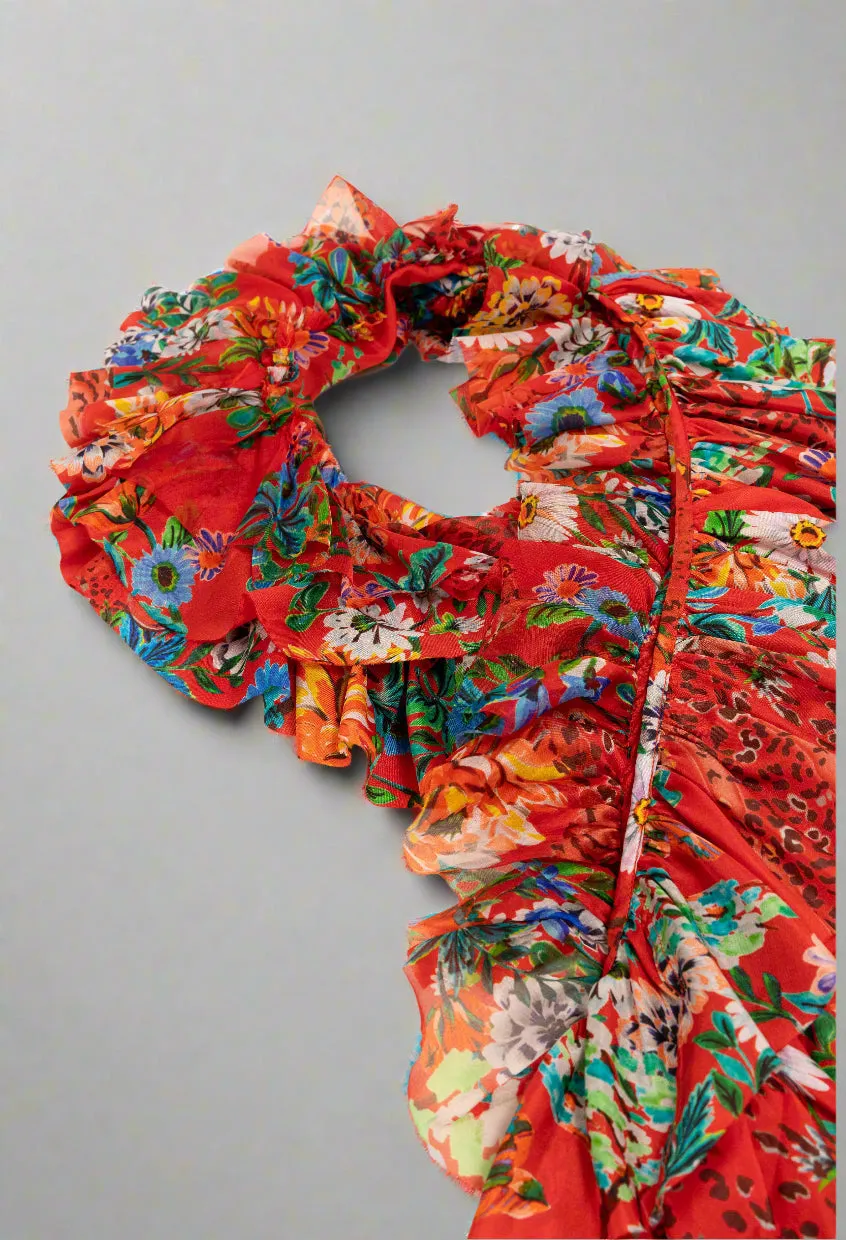Johnny Was Red Marie Ruffle Silk Scarf C91724BO
