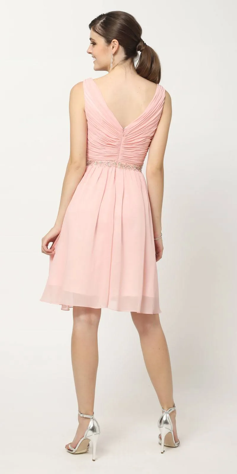 Juliet 786 Ruched V-Neck Cocktail Dress Embellished Waist