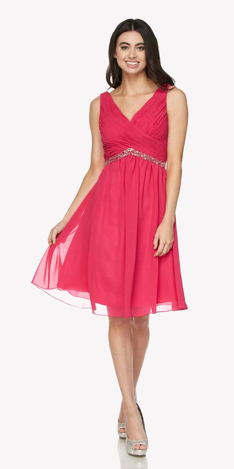 Juliet 786 Ruched V-Neck Cocktail Dress Embellished Waist