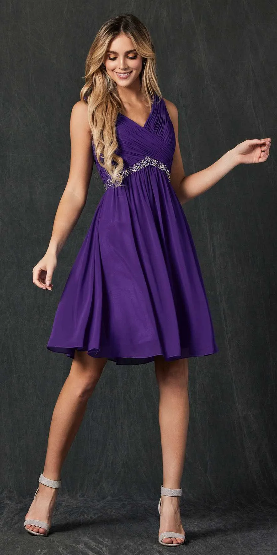 Juliet 786 Ruched V-Neck Cocktail Dress Embellished Waist