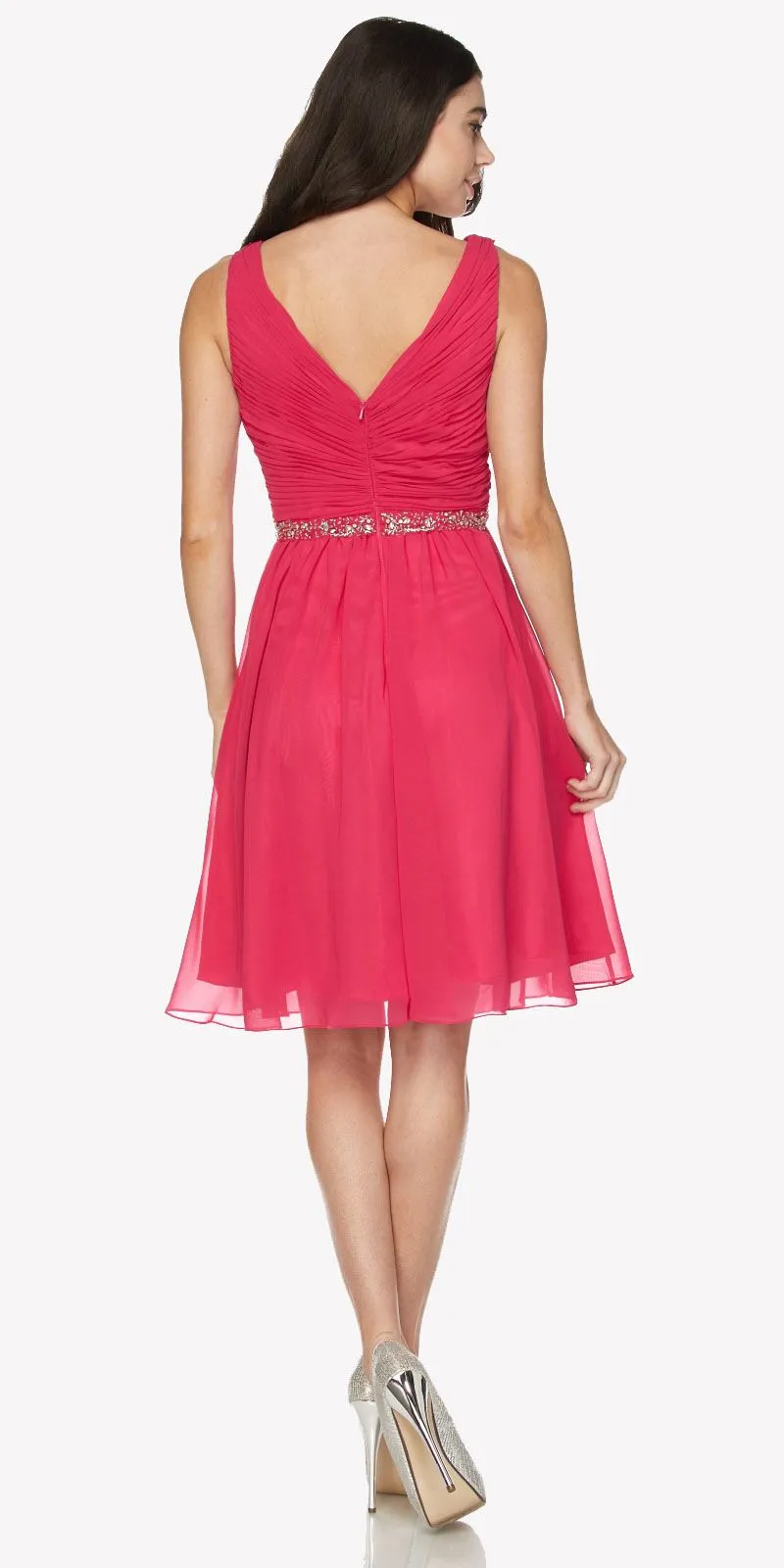 Juliet 786 Ruched V-Neck Cocktail Dress Embellished Waist