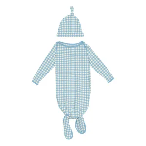 Kickee Pants Layette Knotted Gown and Hat Set-  Seaside Blue Gingham