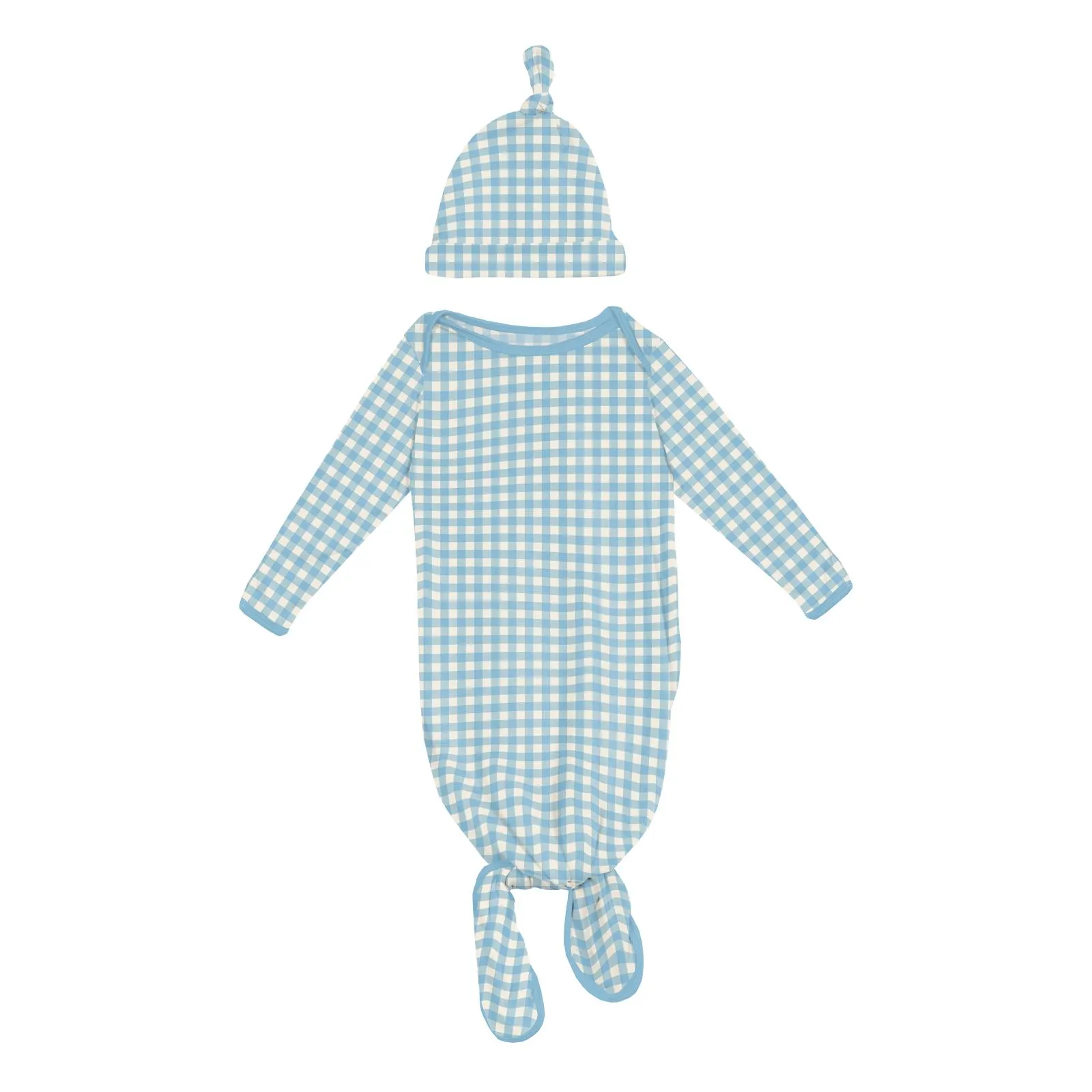 Kickee Pants Layette Knotted Gown and Hat Set-  Seaside Blue Gingham