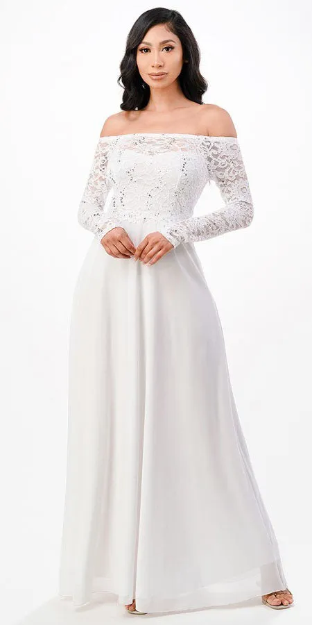 La Scala 25418 Long Sleeved Lace Bodice A-Line Long Dress