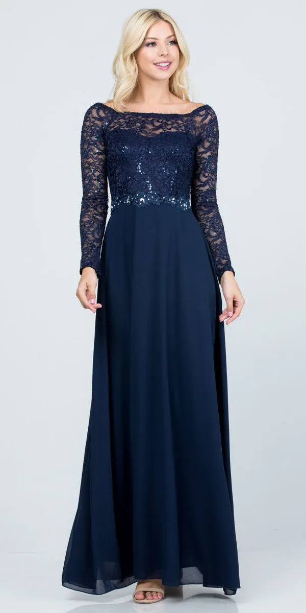 La Scala 25418 Long Sleeved Lace Bodice A-Line Long Dress