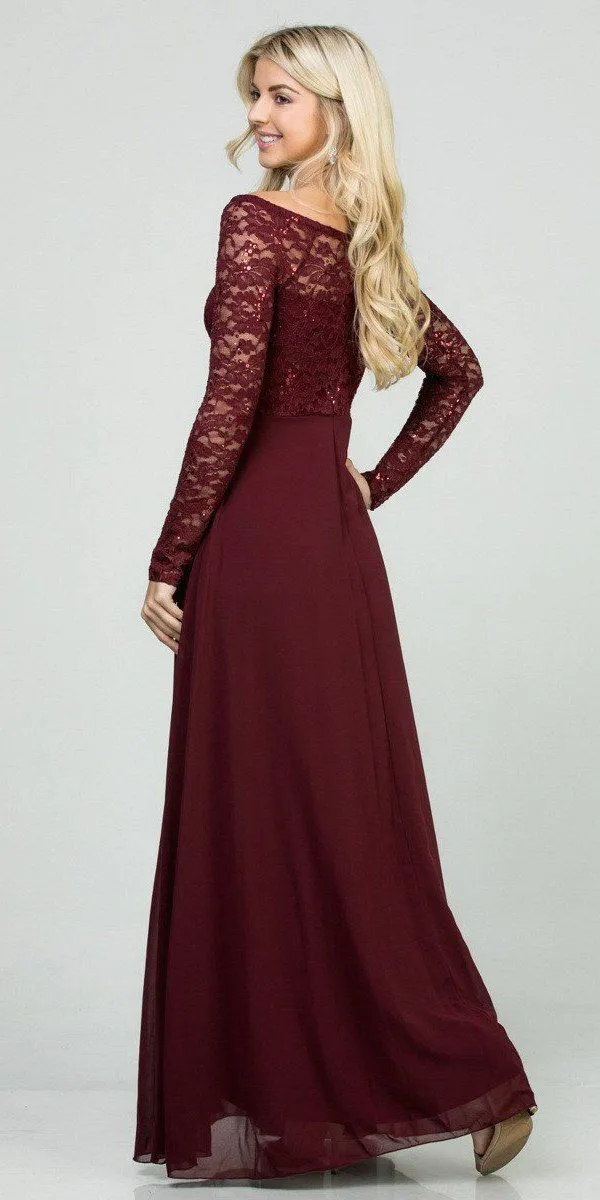 La Scala 25418 Long Sleeved Lace Bodice A-Line Long Dress