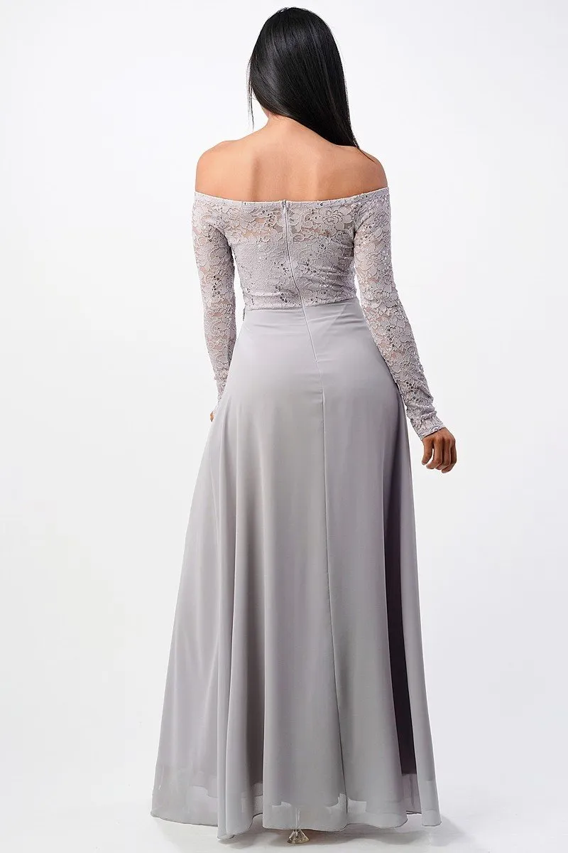 La Scala 25418 Long Sleeved Lace Bodice A-Line Long Dress
