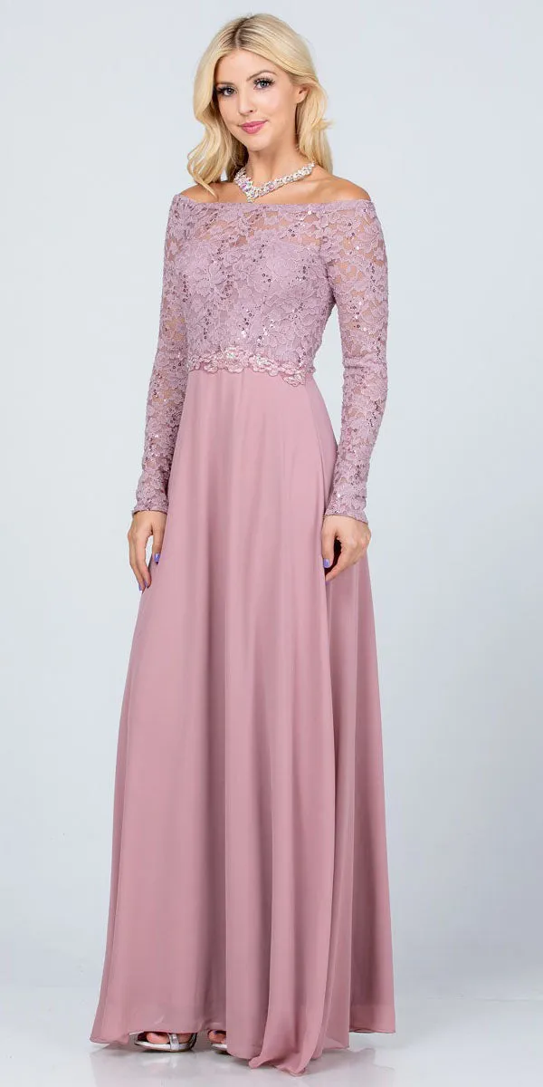 La Scala 25418 Long Sleeved Lace Bodice A-Line Long Dress