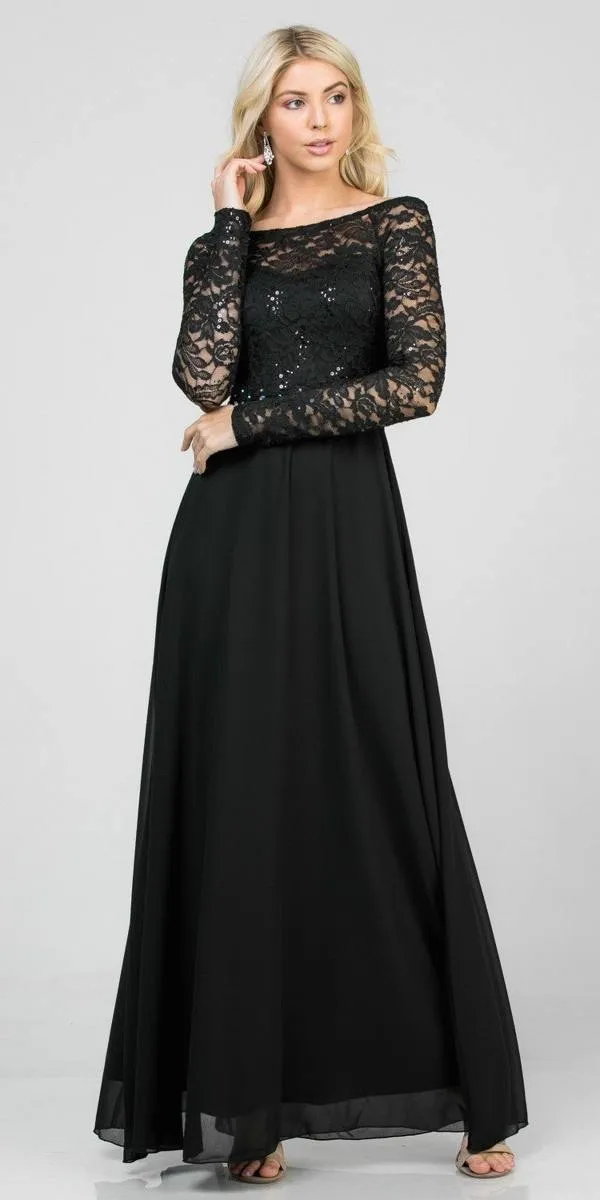 La Scala 25418 Long Sleeved Lace Bodice A-Line Long Dress