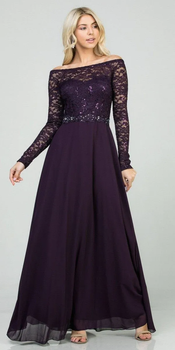 La Scala 25418 Long Sleeved Lace Bodice A-Line Long Dress