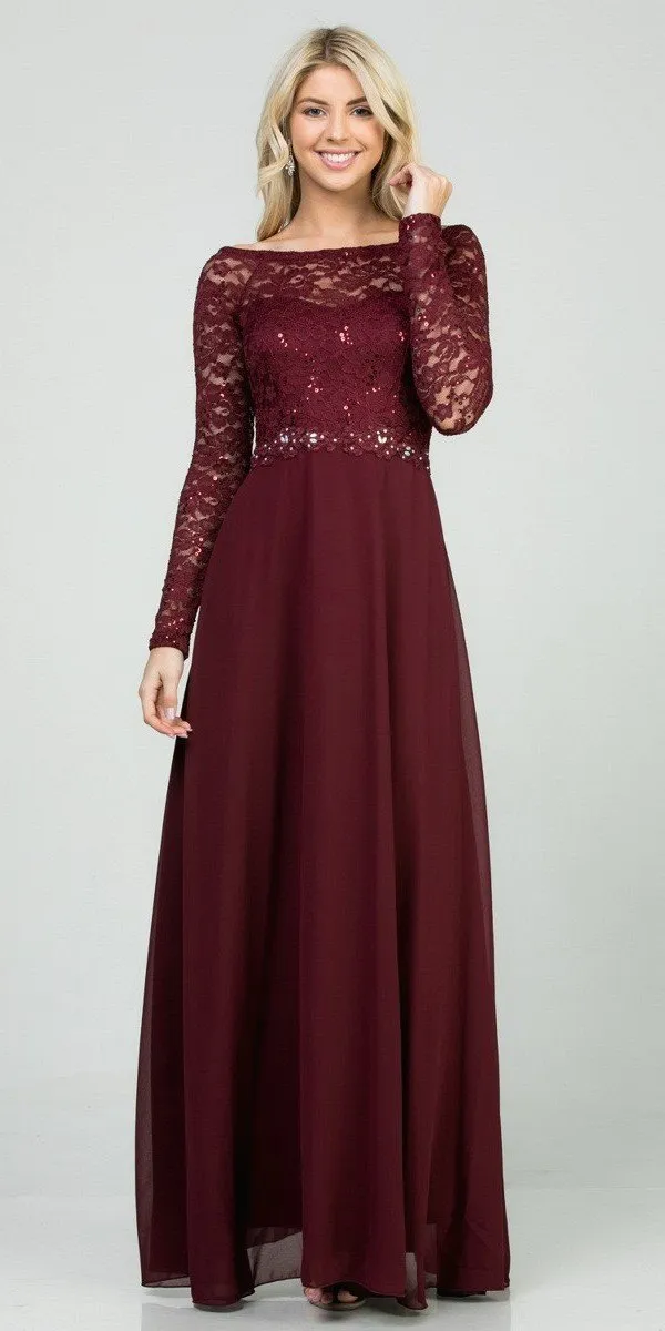 La Scala 25418 Long Sleeved Lace Bodice A-Line Long Dress