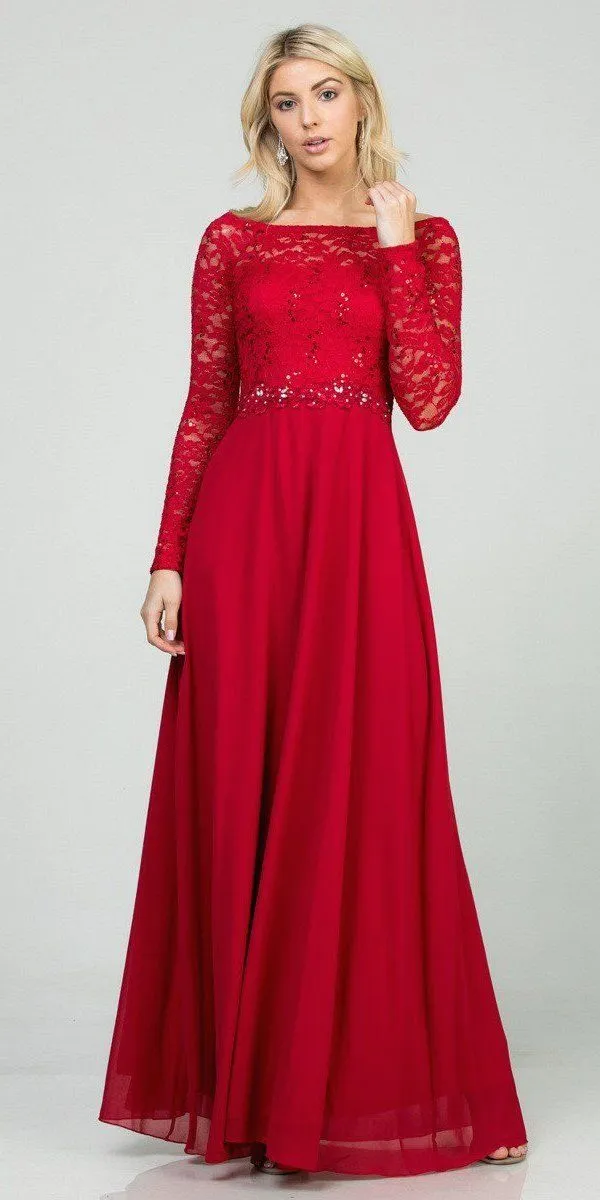 La Scala 25418 Long Sleeved Lace Bodice A-Line Long Dress