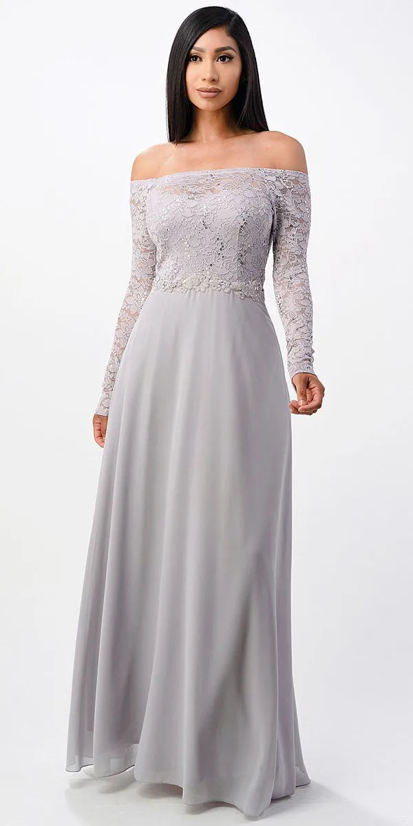La Scala 25418 Long Sleeved Lace Bodice A-Line Long Dress