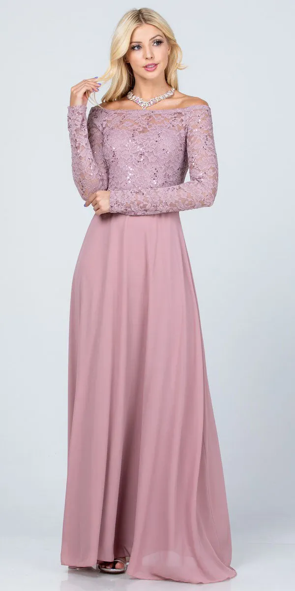La Scala 25418 Long Sleeved Lace Bodice A-Line Long Dress
