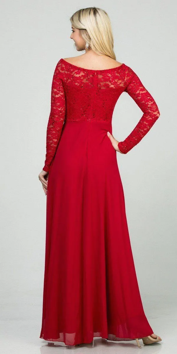 La Scala 25418 Long Sleeved Lace Bodice A-Line Long Dress