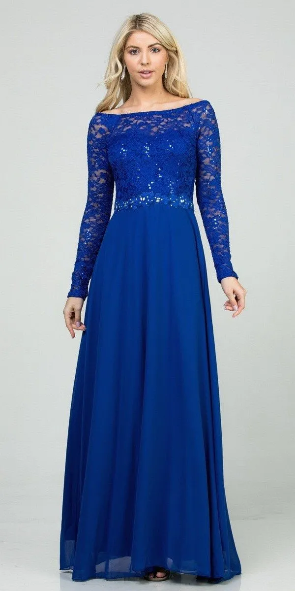 La Scala 25418 Long Sleeved Lace Bodice A-Line Long Dress