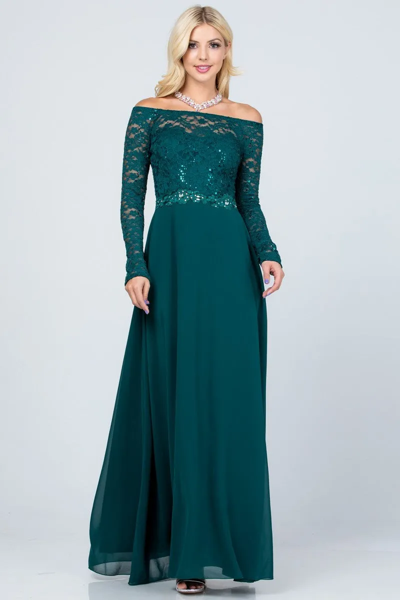 La Scala 25418 Long Sleeved Lace Bodice A-Line Long Dress