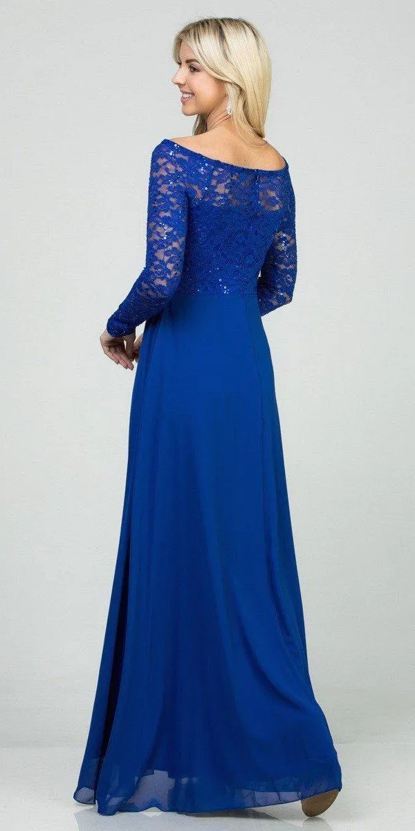 La Scala 25418 Long Sleeved Lace Bodice A-Line Long Dress