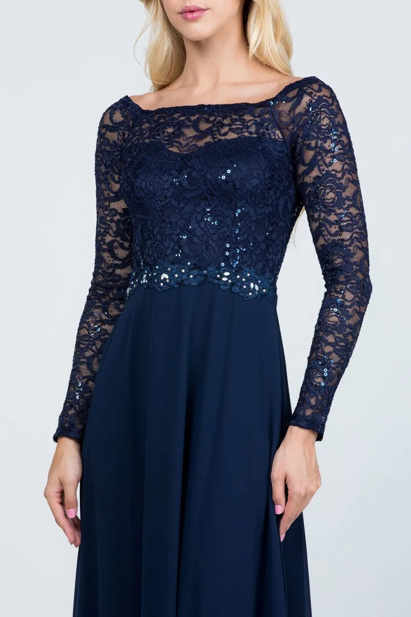 La Scala 25418 Long Sleeved Lace Bodice A-Line Long Dress