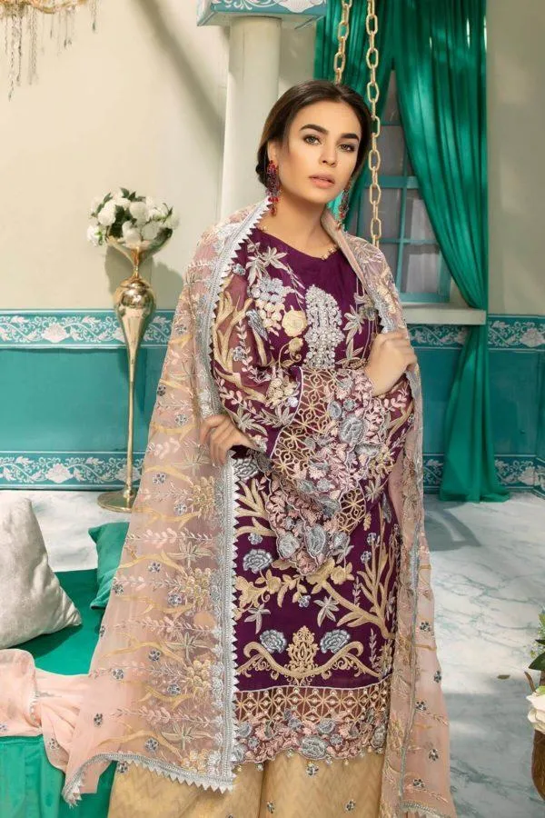 Latest Luxurious Plum Chiffon Suit with Tea Pink # C2090