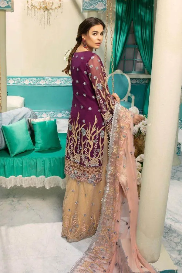 Latest Luxurious Plum Chiffon Suit with Tea Pink # C2090