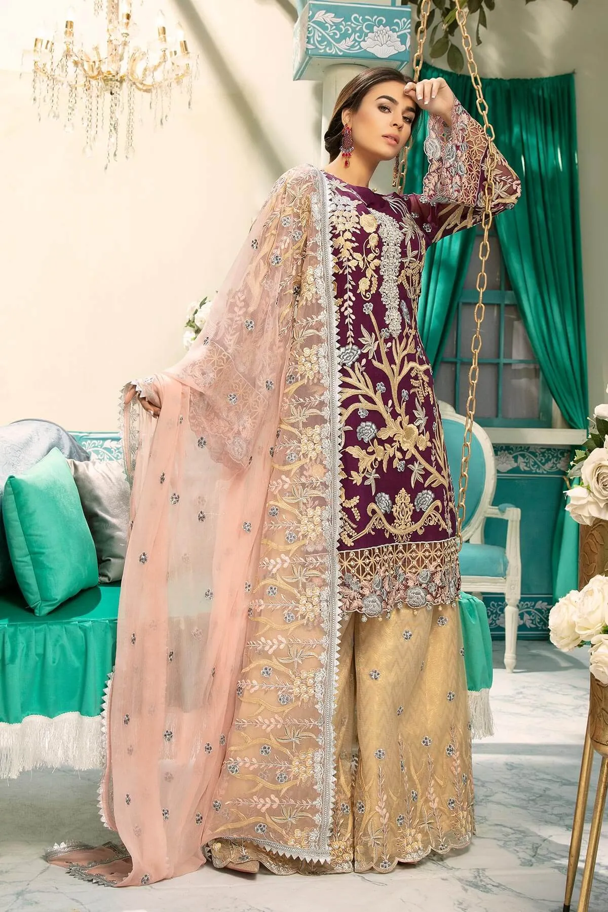 Latest Luxurious Plum Chiffon Suit with Tea Pink # C2090