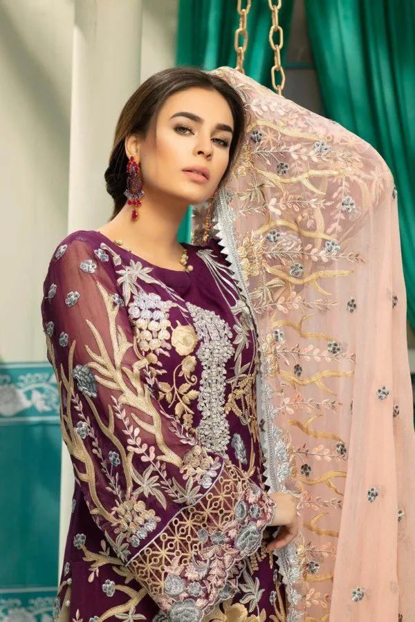 Latest Luxurious Plum Chiffon Suit with Tea Pink # C2090
