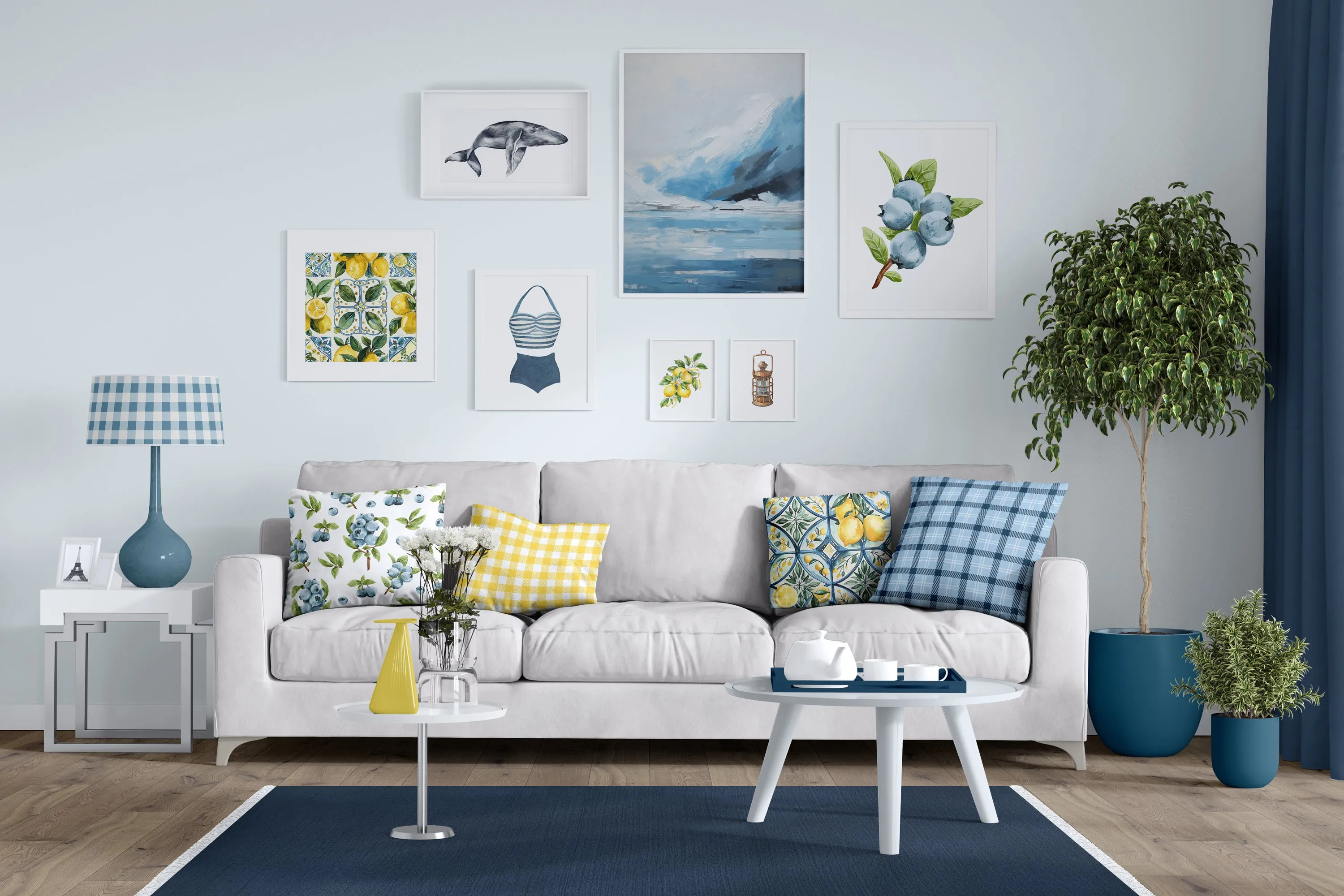 Lemon Pillow: Watercolor Lemon Branch Design on Gingham Back, Perfect for Cozy Living Rooms or Brightening Up Any Space! | Preppy Coastal Collection