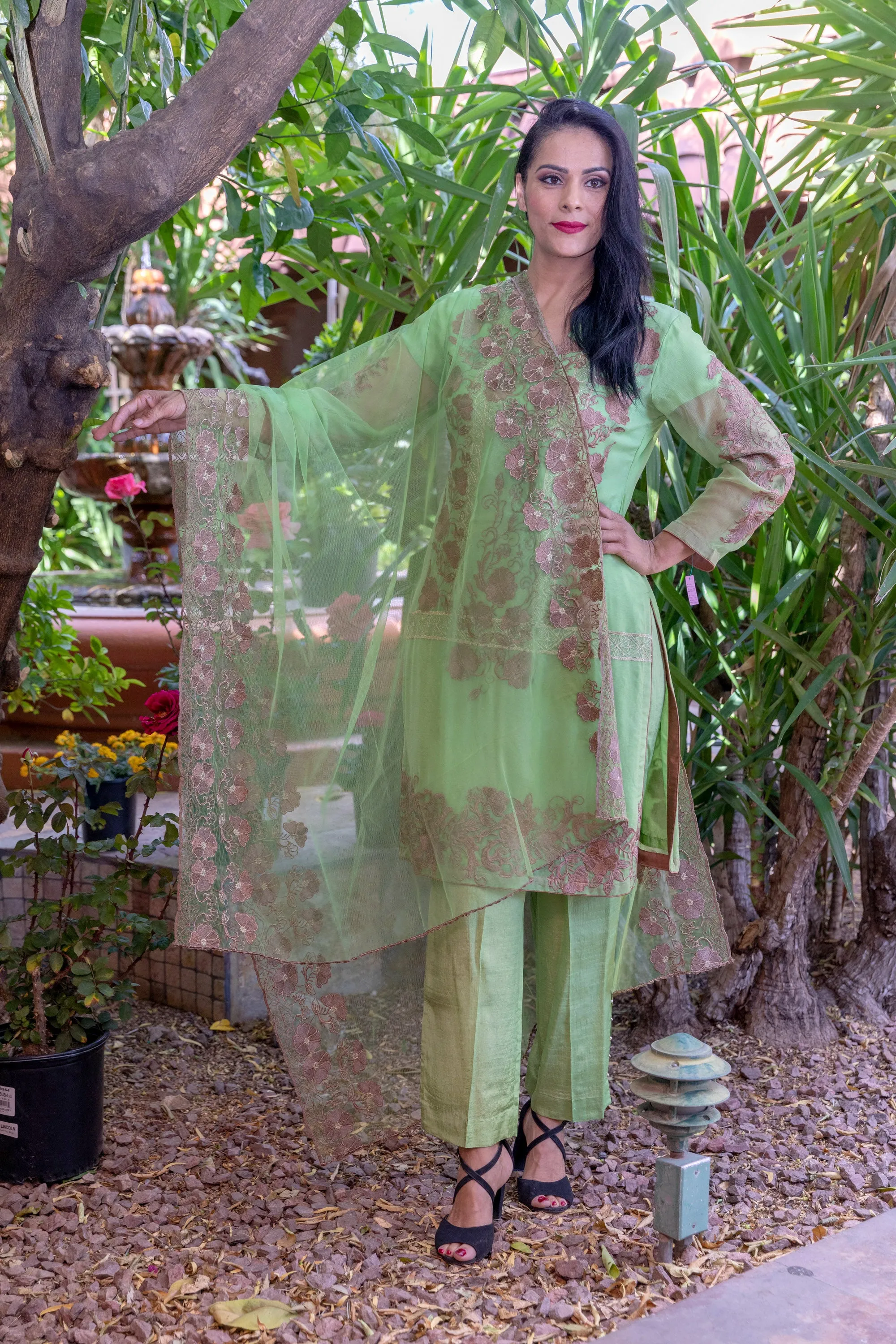 Lime Green Chiffon Salwar Kameez Embroidery