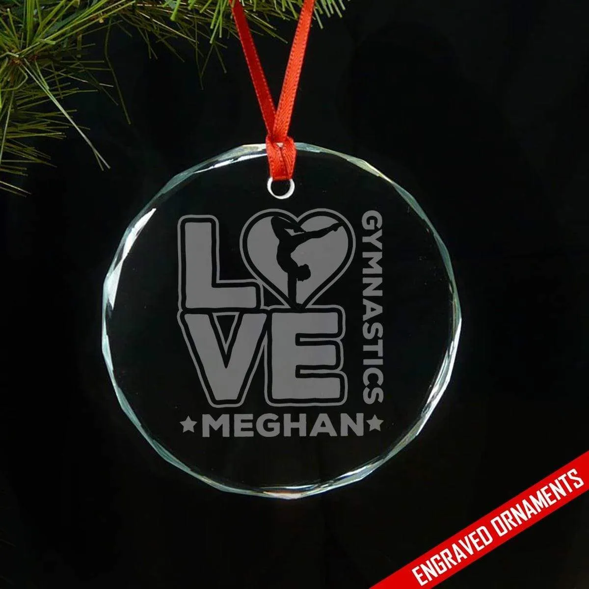 Love Gymnastics PERSONALIZED Engraved Glass Ornament