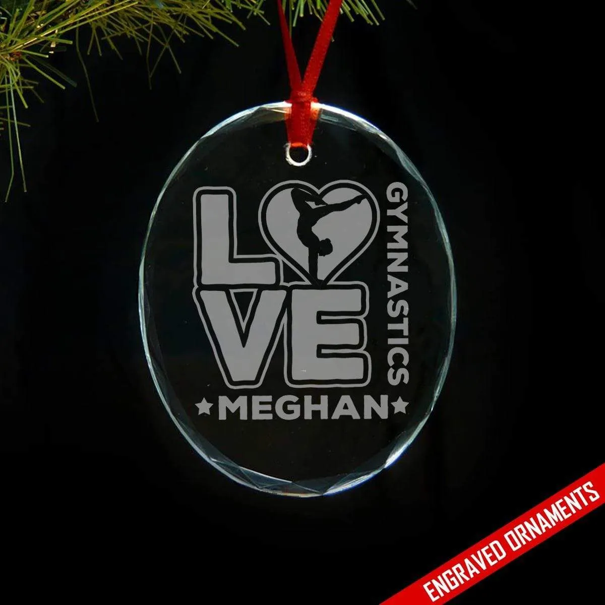 Love Gymnastics PERSONALIZED Engraved Glass Ornament