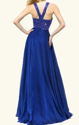 MACloth Halter Crystals Chiffon Long Prom Dress Elegant Burgundy Formal Gown