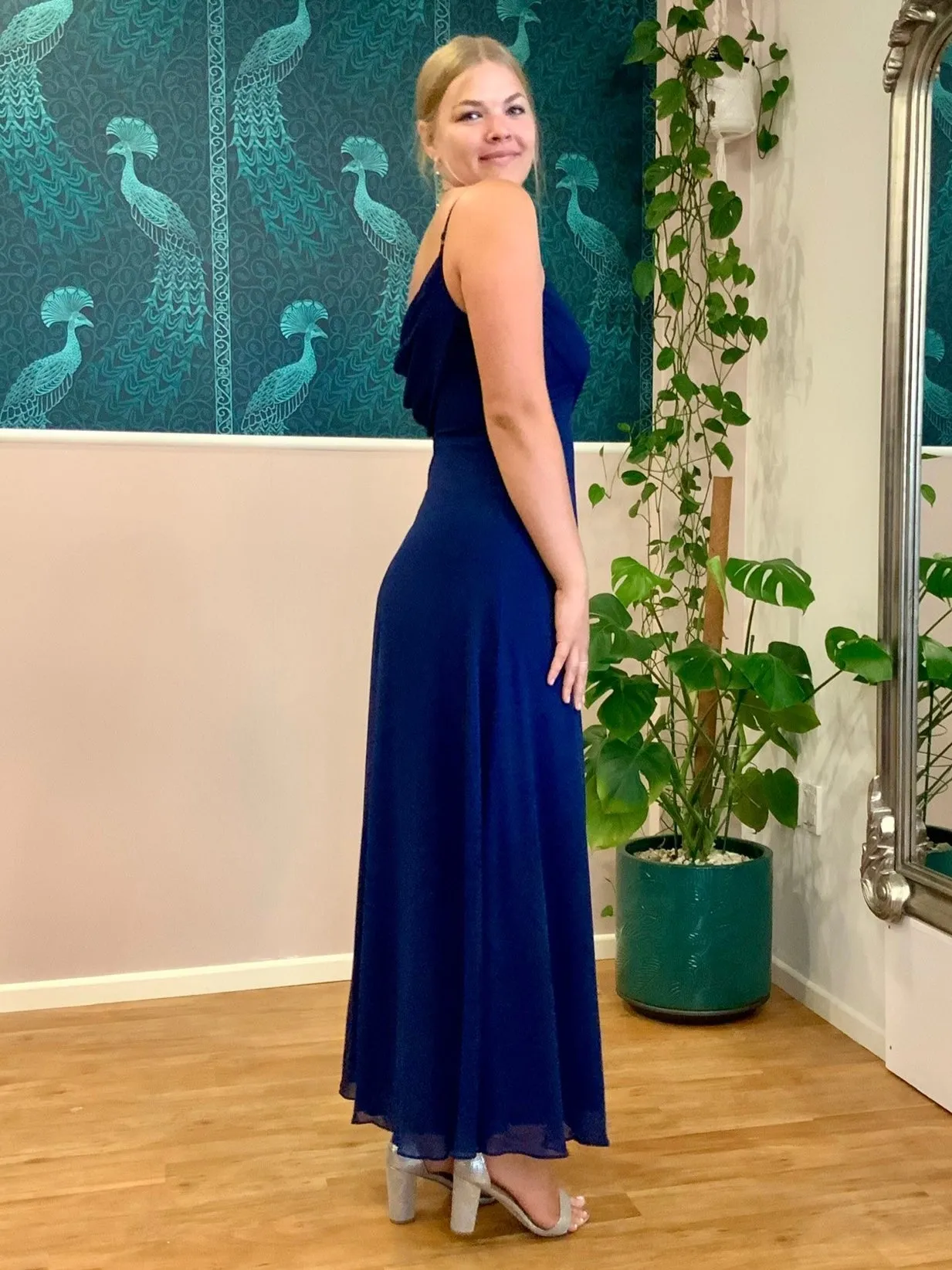 Malika elegant cross front cowl back dress in navy Express NZ wide
