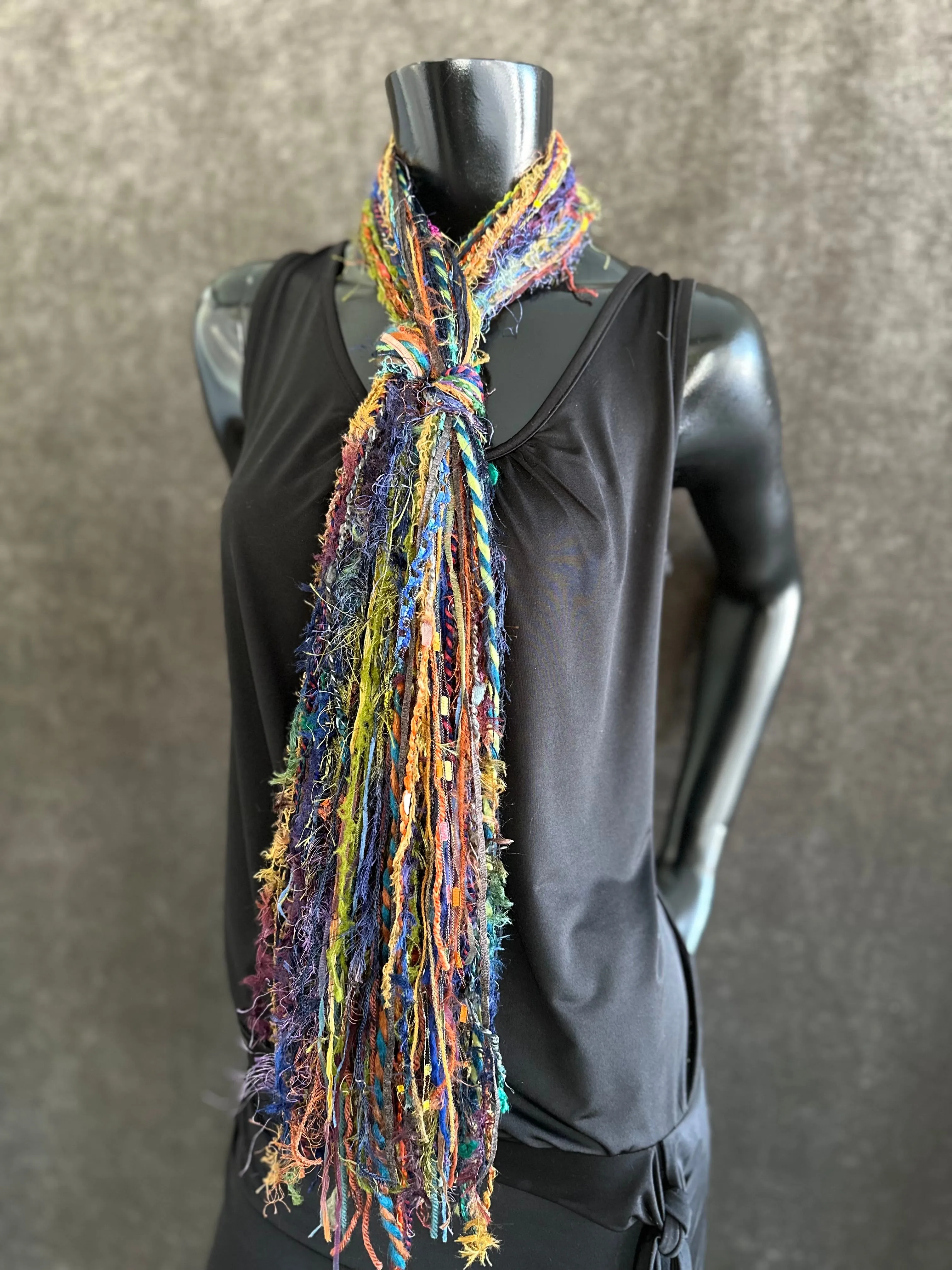 Mardi Gras fringie yarn scarf, vibrant color rainbow fringe scarf