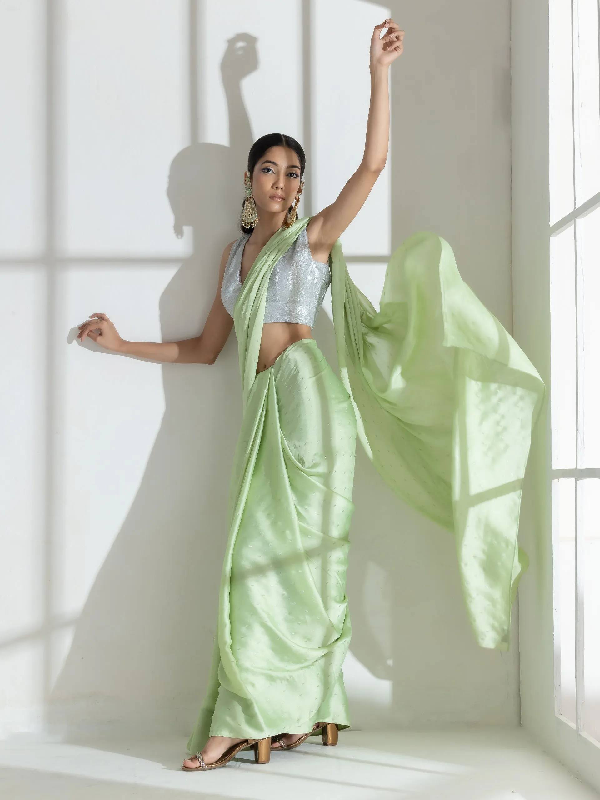 Mint Silver Printed Butter Chiffon Saree