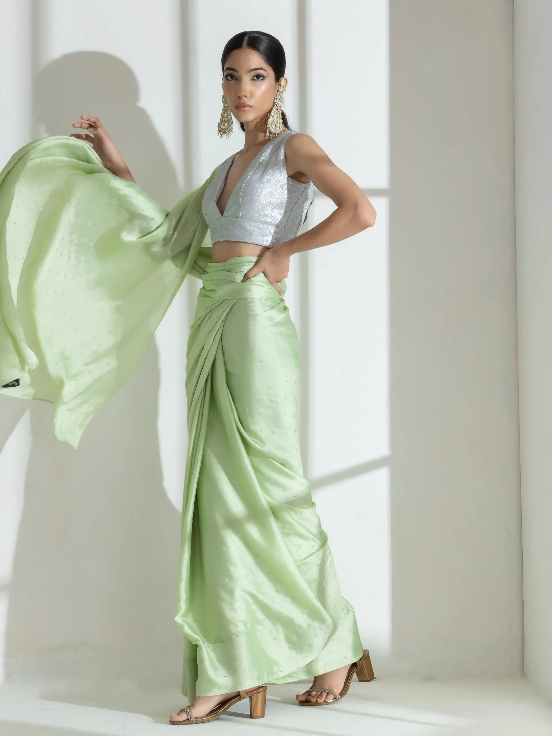 Mint Silver Printed Butter Chiffon Saree