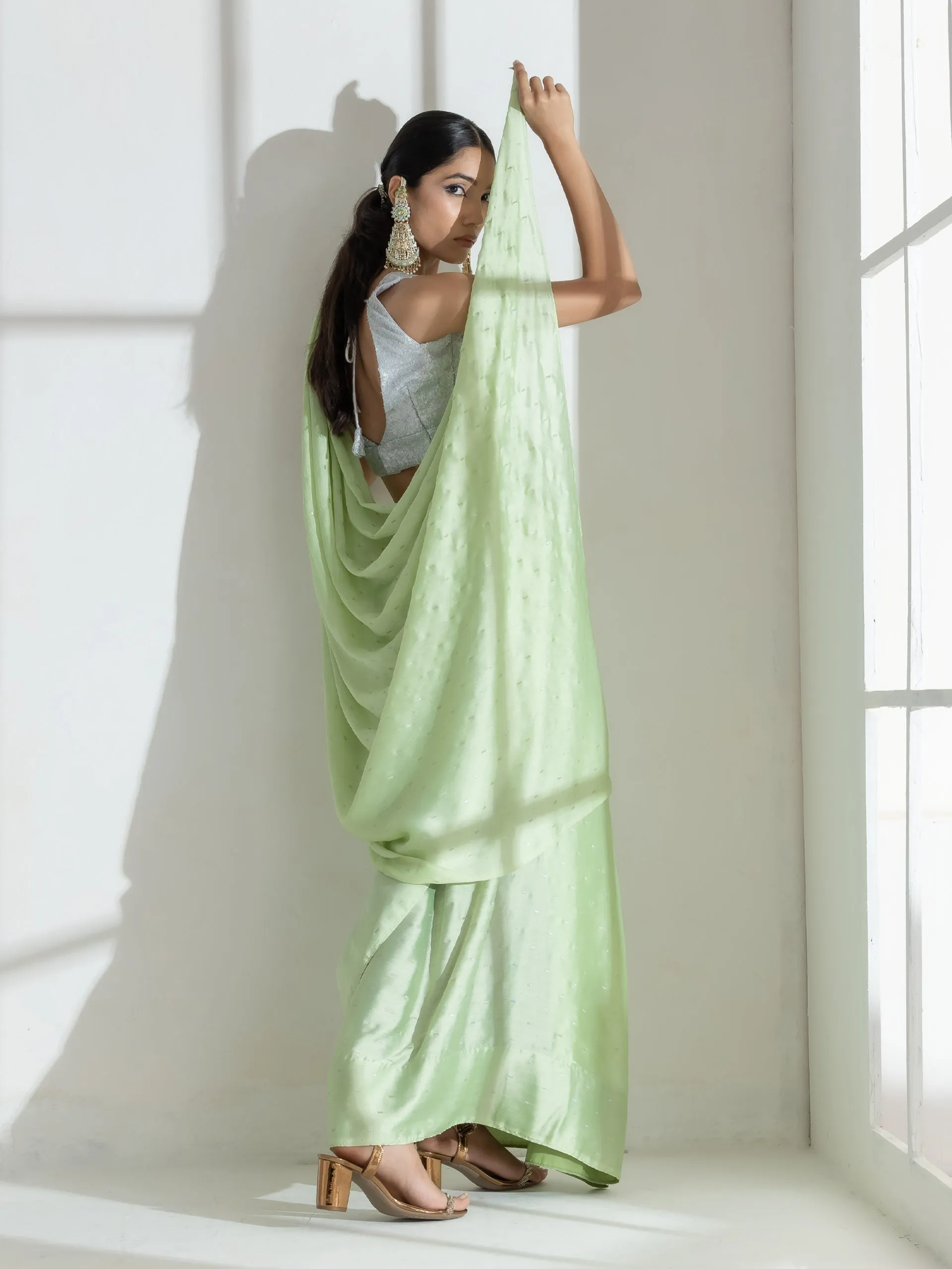 Mint Silver Printed Butter Chiffon Saree