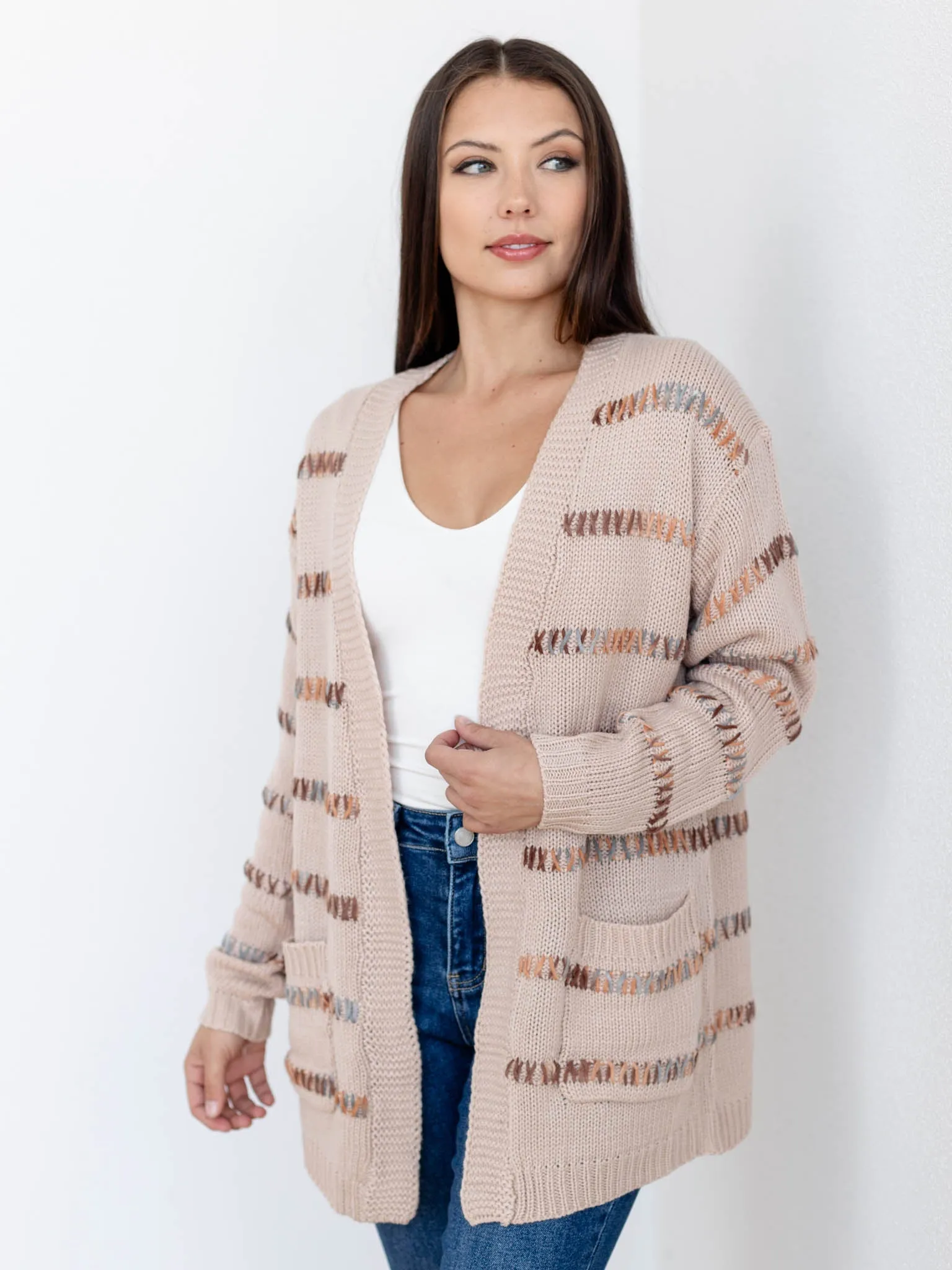 Multi Color Stitch Front Cardigan
