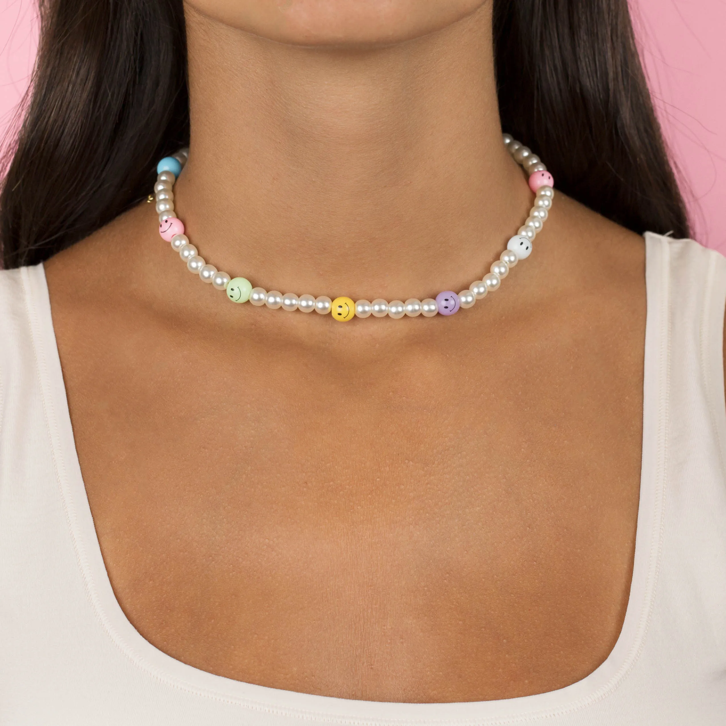 Multi Pastel Smiley Face Pearl Necklace