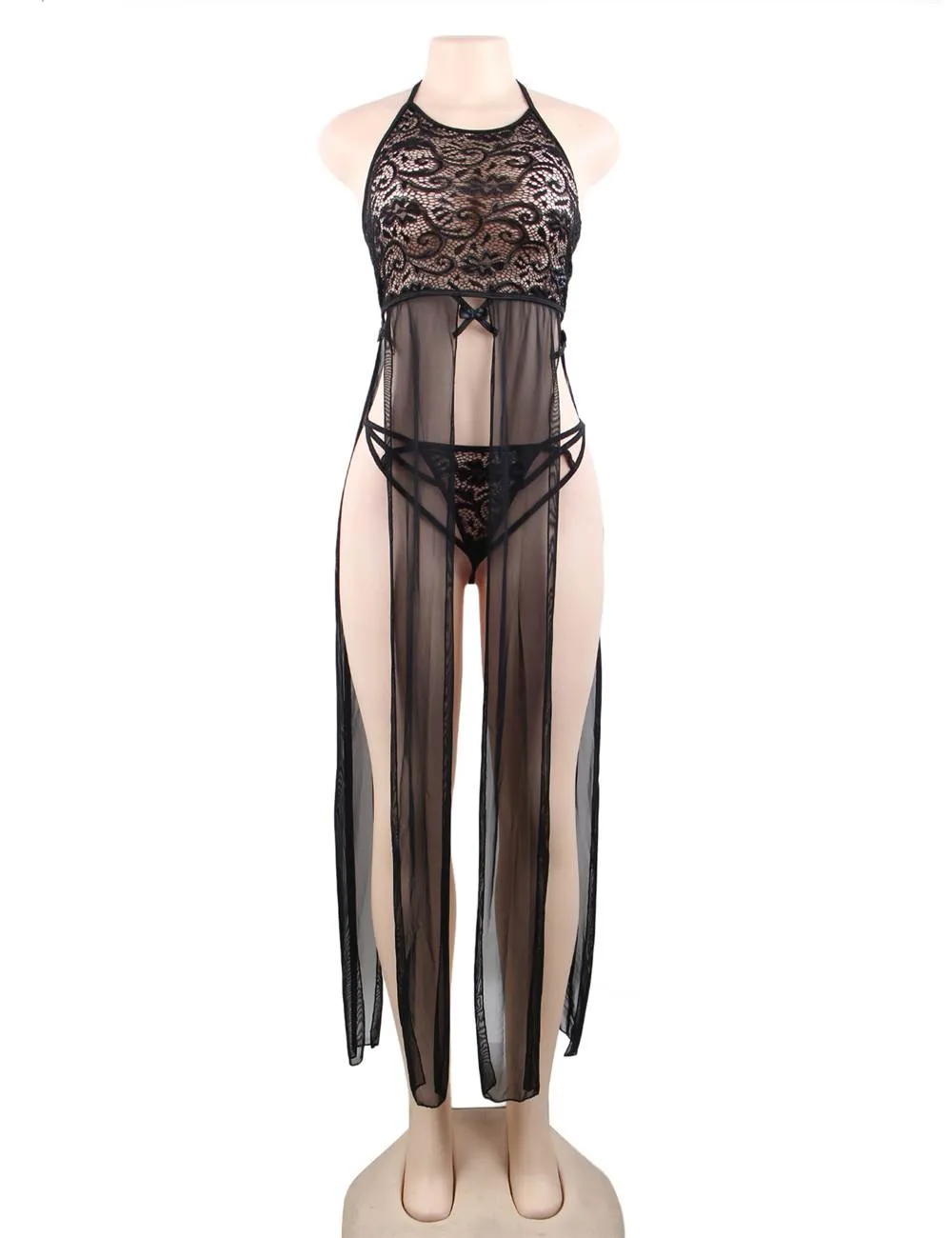 New Elegant Black Hollow Out Lace Sexy Nightgown With Farawlaya