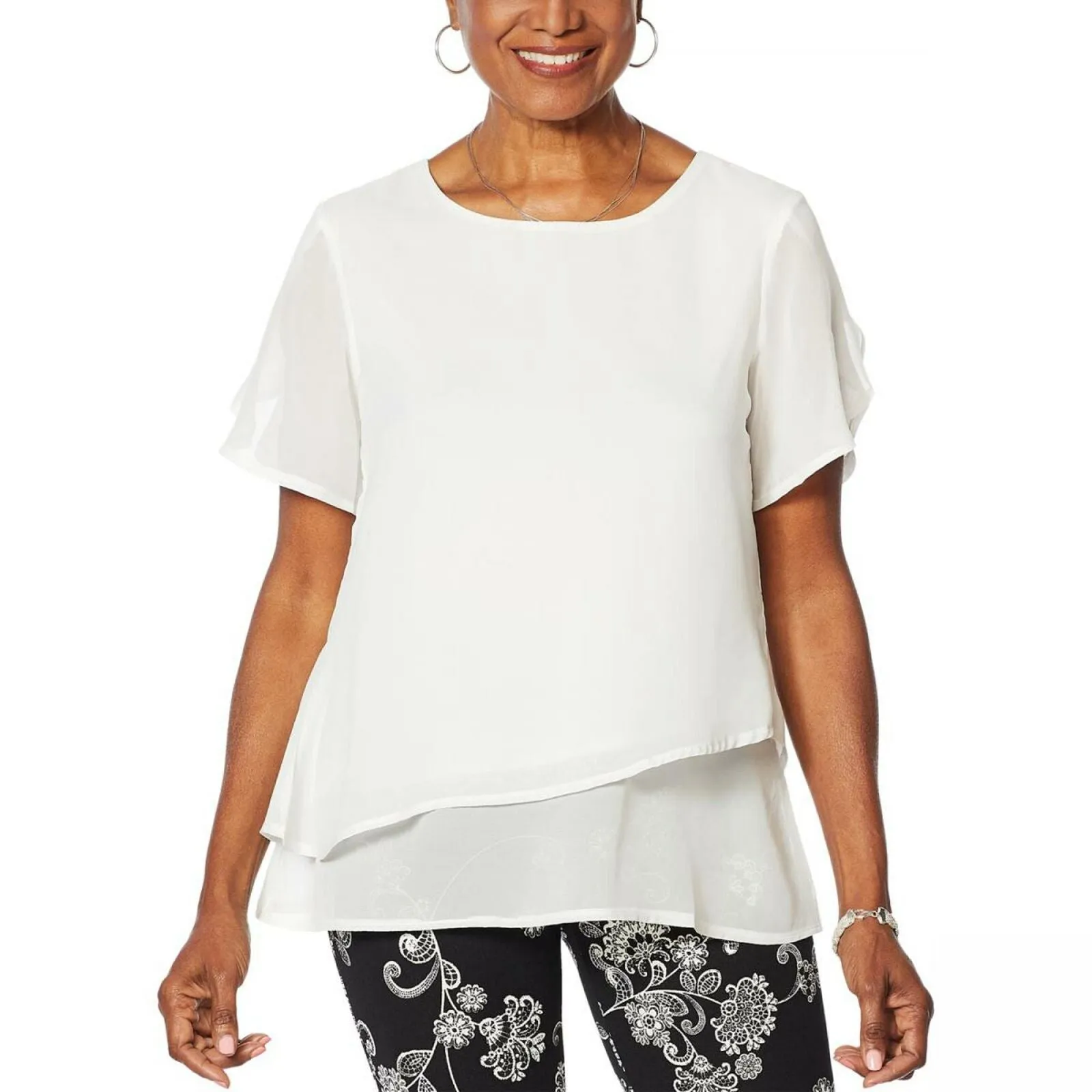 Nina Leonard Women's Plus Size Chiffon Angled Popover Top