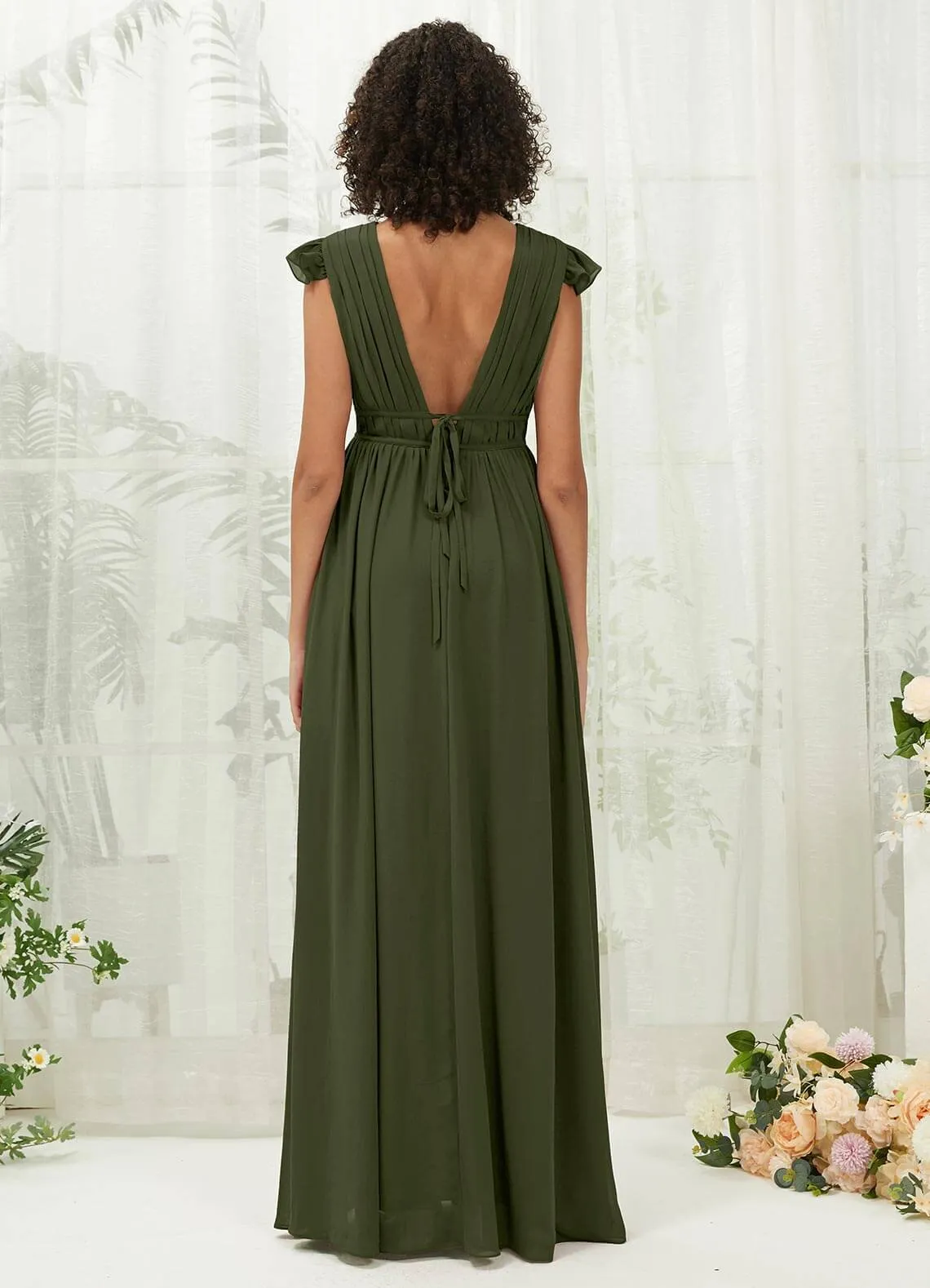 Olive Cap Sleeves Pleated V-Neck Chiffon Maxi Bridesmaid Dress