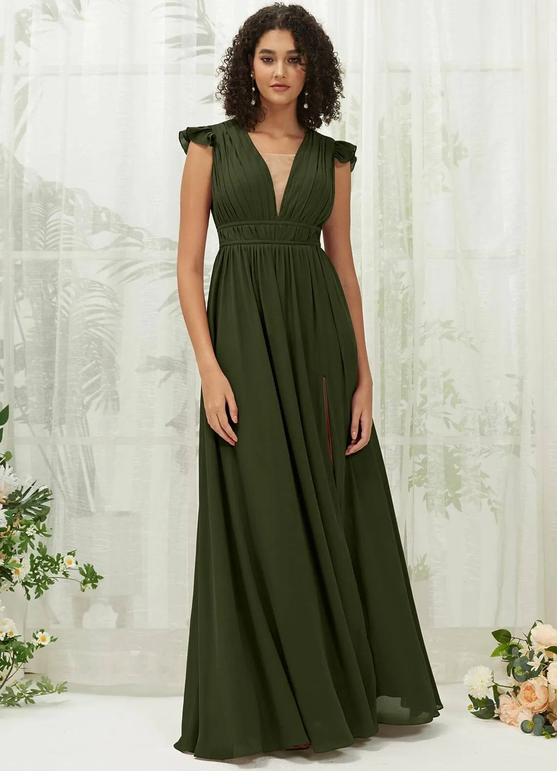 Olive Cap Sleeves Pleated V-Neck Chiffon Maxi Bridesmaid Dress