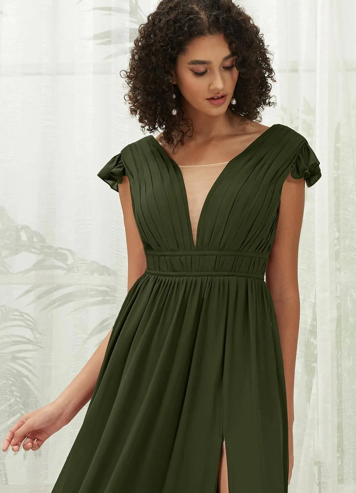 Olive Cap Sleeves Pleated V-Neck Chiffon Maxi Bridesmaid Dress
