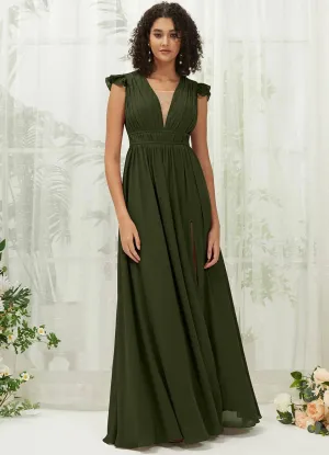Olive Cap Sleeves Pleated V-Neck Chiffon Maxi Bridesmaid Dress