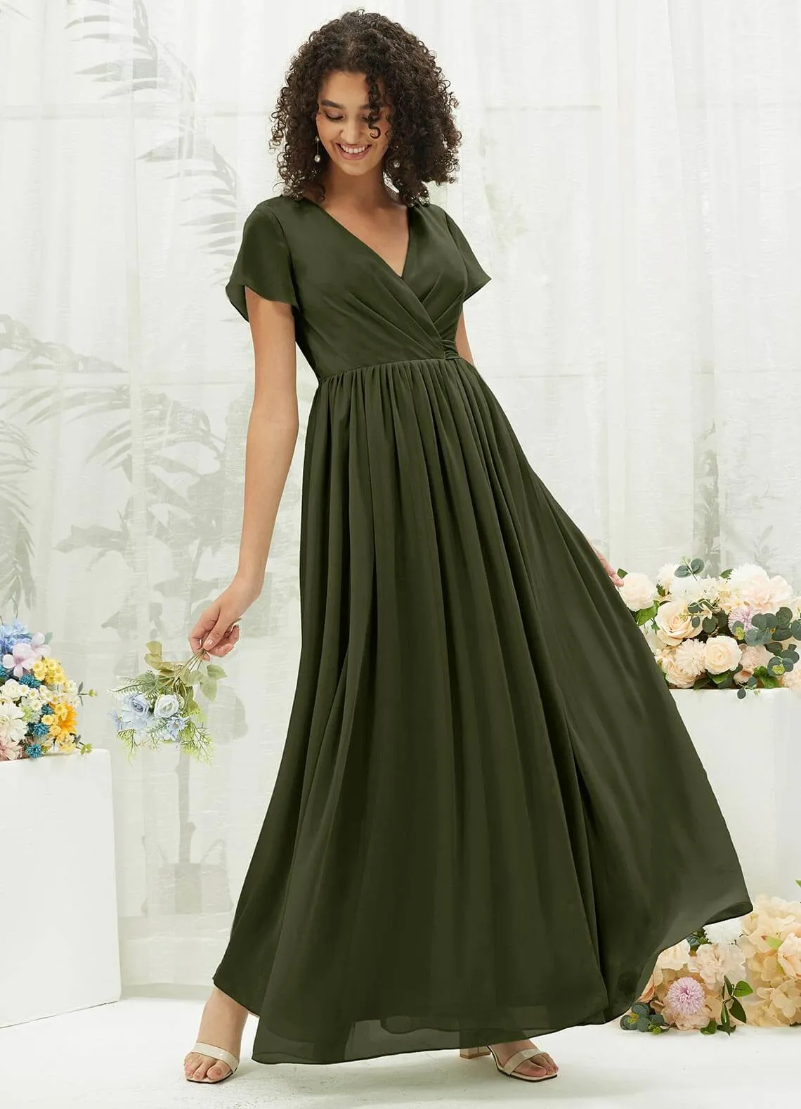 Olive Chiffon Short Sleeve V-Neck Wrap Pleated  Bridesmaid Dress