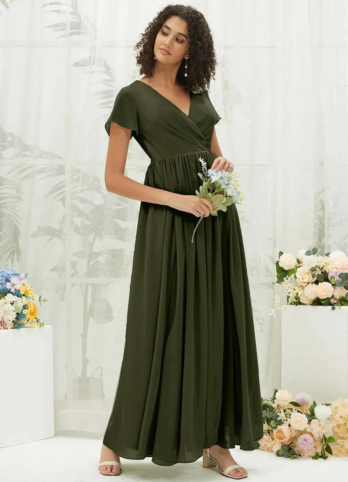 Olive Chiffon Short Sleeve V-Neck Wrap Pleated  Bridesmaid Dress