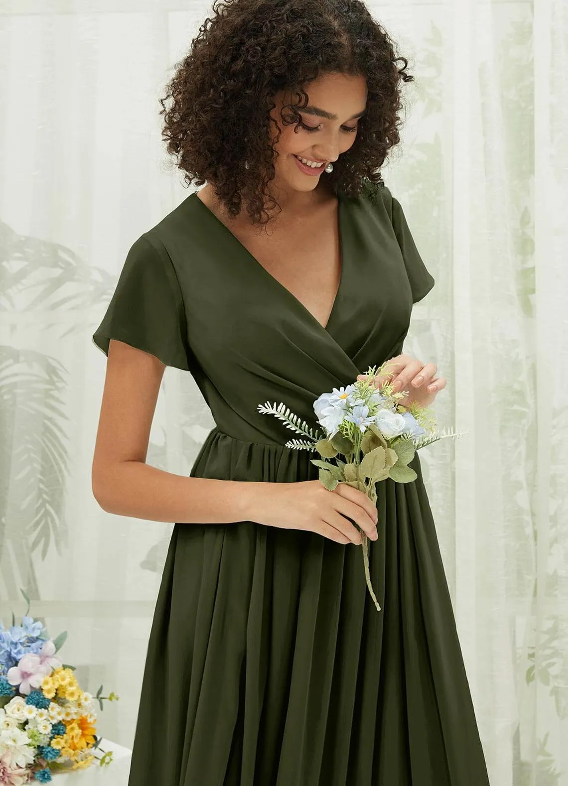 Olive Chiffon Short Sleeve V-Neck Wrap Pleated  Bridesmaid Dress